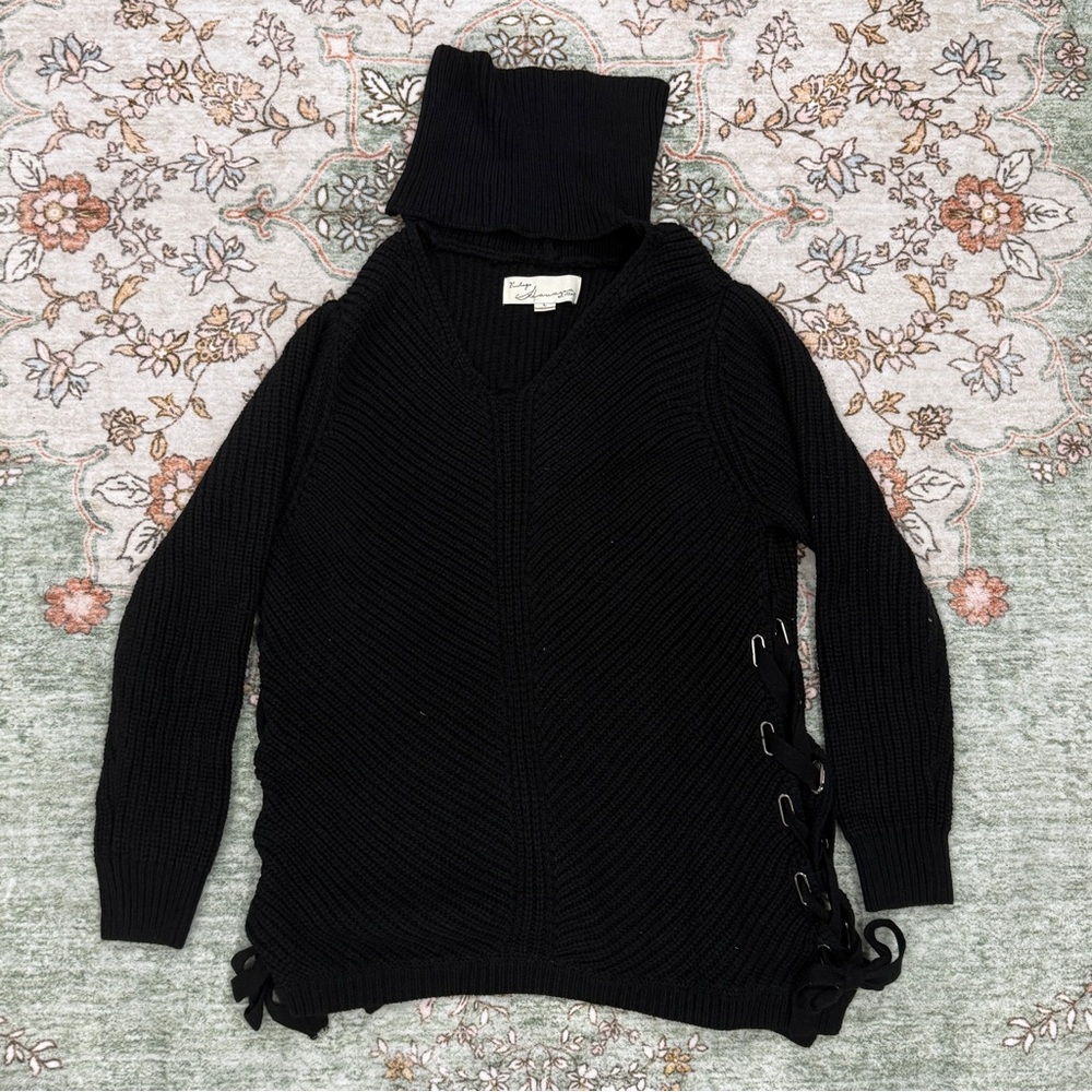 Vintage Havana Black Cowl Neck Sweater with Lace-Up Sides
